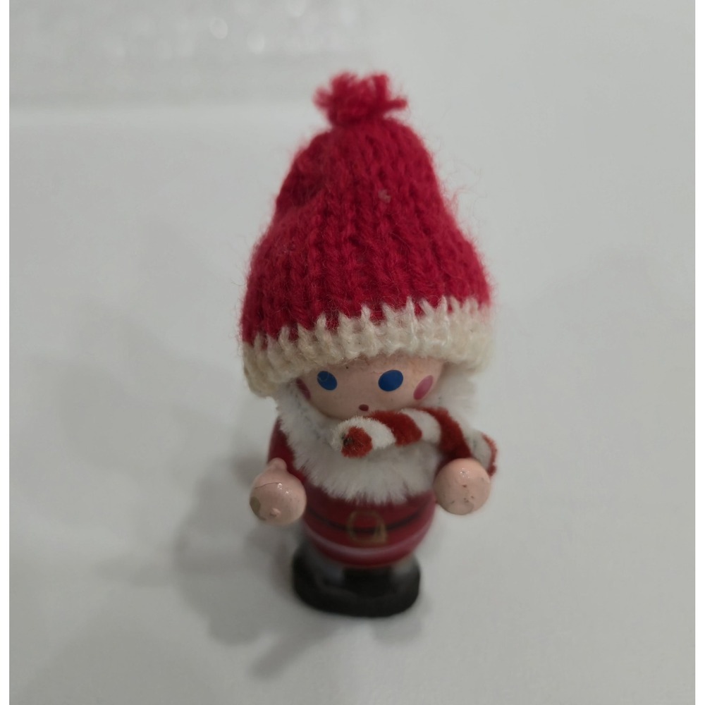 Vintage Wooden 3" Santa Child Or Elf  w/red Hat & Candy Cane | Christmas Decor